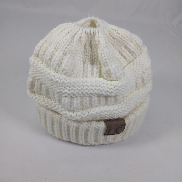 CC Womens OS Ponytail Messy Bun Beanie Ivory Knit Winter Hat Stretch Acrylic - Picture 6 of 6